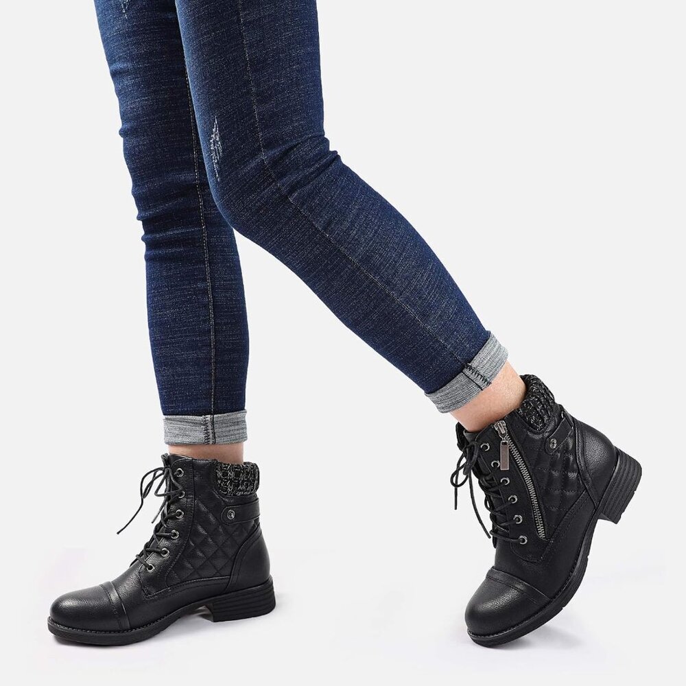 〽️Women's Black STQ Lace Up Combat Ankle for Women Boots